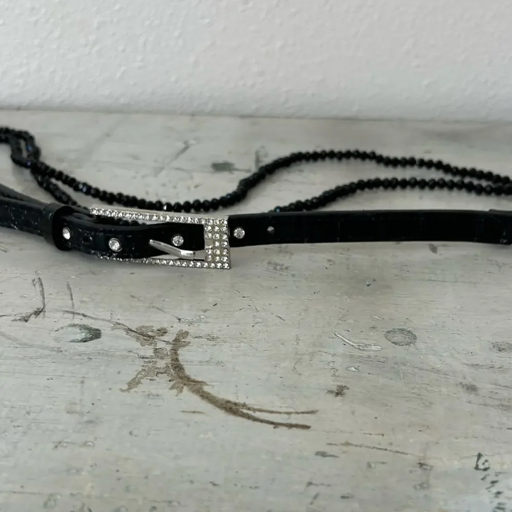 Vintage Black Beaded & Croc Embossed leather Skinny Belt fairy western glam 34